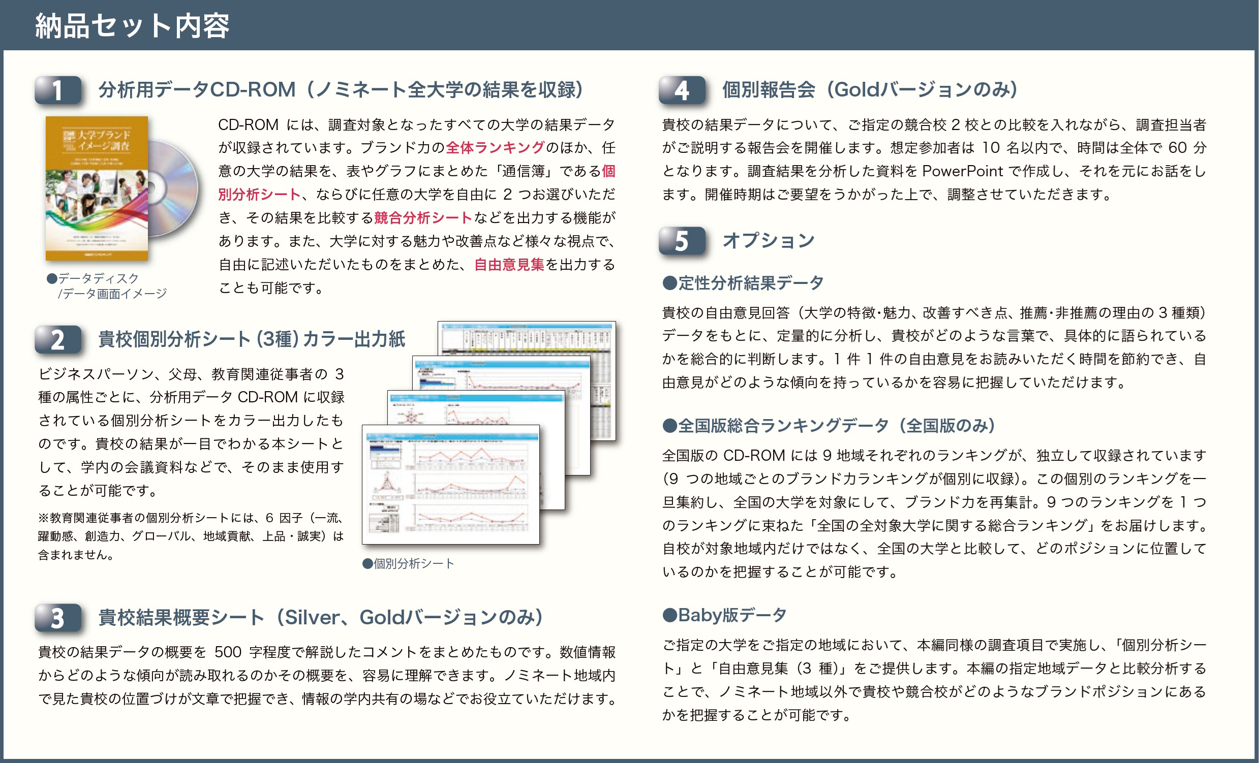 大学ブランド力調査を実施した際に提供される納品セットの内容を説明している図。主な構成は5つに分かれており、分析用の調査データを収録したCD-ROM、意思決定者向けの複数種類の個別分析レポート、調査結果を500字程度でまとめた結果要約シートが含まれる。また、Goldバージョン限定で詳細な個別報告会が提供される。さらにオプションとして、定性分析用データや全国版ブランドランキングデータ、特定地域向けの追加調査などを追加できることが示されている。