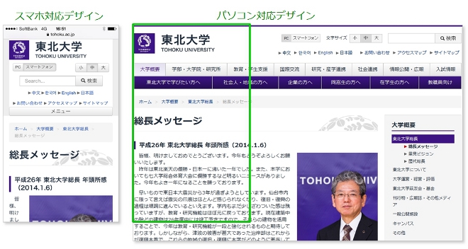東北大学サイト「総長メッセージ」ページの、スマホ向けデザインとパソコン向けデザイン