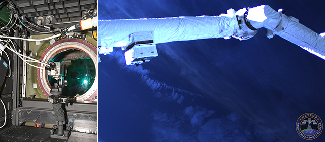 宇宙に関する研究例：ISS（国際宇宙ステーション）に設置されたMETEOカメラ（左）とそこから撮った映像（右）