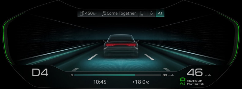 Audi Traffic Jam Pilotが作動中のコックピットの様子