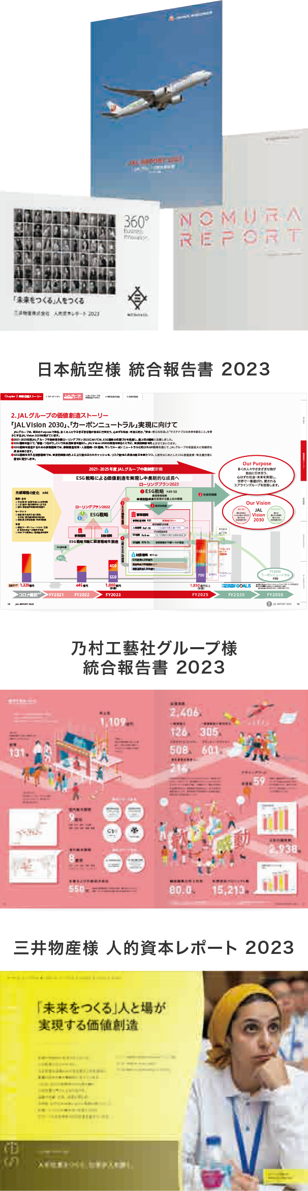 1. 日本航空様 統合報告書 2023  2. 乃村工藝社グループ様 統合報告書 2023  3. 三井物産様 人的資本レポート 2023